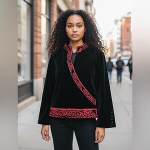 Vintage 100%Silk Asian Collared Long Sleeve Black Velvet Blouse Top Size Medium